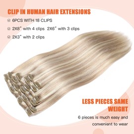XDhair Clip-In Real Hair Clip-In Remy Hair Extensions Real Hair Dirty Blonde Highlights Bleach Blonde 50 cm 120 g Real Hair Extensions 6 Pieces (#18P613-20 Inches)