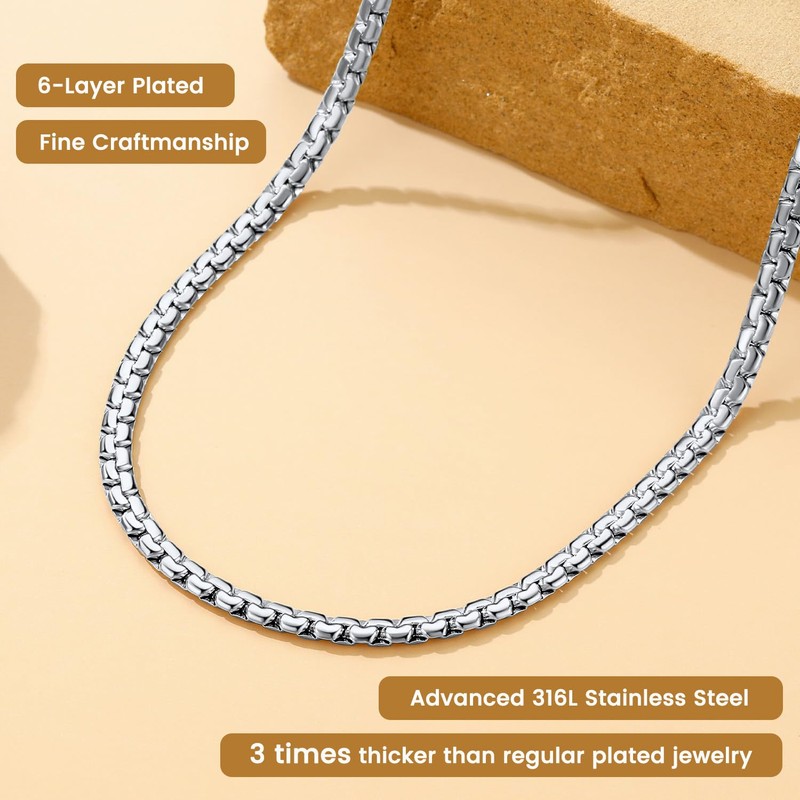 Stainless Steel Solid Box Chain 4mm 6mm Wide 20 Inch