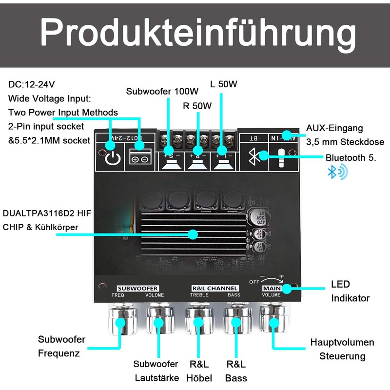 GERUI Audio Amplifier Module ZK-MT21 2.1 Channel Bluetooth Digital Power