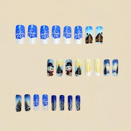 Christmas Medium Square Press on Nails, 24 Pcs, Xmas Snowman Snowhouse Designs, Full Cover Acrylic Nails Winter Christmas Glossy Fake Nails for Women Nail Art Manicure