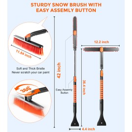 DooGooCoo [Upgrade] Ice Scraper & Extendable Snow Brush for Car Windshield [Military-Grade Sturdy] - 360° Pivoting Brush Head with Silicone Grip for Effortless One-Swipe Clean on Auto (Large)