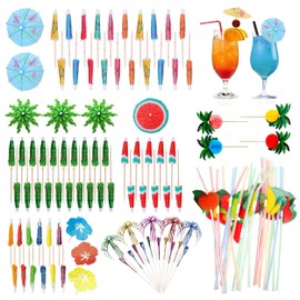140-Piece Tropical Drink Umbrella & Cocktail Accessory Set – Colorful Picks, Straws, Fireworks Stirrers, and Fruit Skewers for Summer Party Decor
