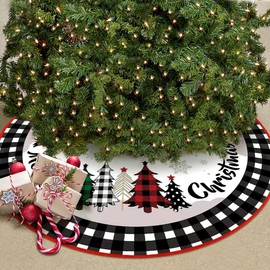 Christmas Tree Skirt, Red and Black, Plush Christmas Tree Skirt, Round, 120 cm Christmas Tree Skirt for Christmas, Christmas Holiday Decorations with Snowflake and Christmas Tree