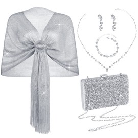 5 Pcs Women Accessories Including Shawls and Wraps, Clutch Purse, Rhinestone Jewelry Sets for Wedding Bridal Party (Simple Style)