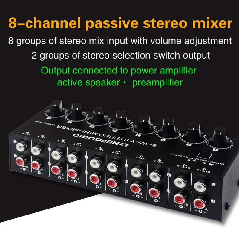 LYNEPAUAIO B066 Mini Stereo 8 Channel Passive Mixer RCA Portable