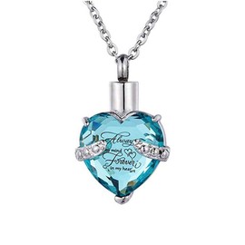 PanQueen Heart Love Ocean Blue Birthstone Crystal Cremation Jewelry Urn Necklace for Ashes Memorial Pendant Keepsake Always on My Mind Forever in My heart
