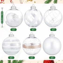 Seenelling 6 Pcs 4 Inch Large Christmas Ball Ornaments Clear Plastic Christmas Ball Ornament Set with Stuffed Delicate Xmas Balls Baubles Set for Christmas Tree Home Decoration Supplies(White)