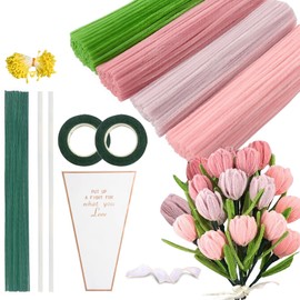 400 Pcs Pipe Cleaners Craft Flower kit with Wrapping Paper, 5 Assorted Colors Pipe Cleaners Bulk, Chenille Stems for DIY Flower Making Kit with Flower Stems, Tape, Glue Sticks, Stamen, Ribbon (Pink)