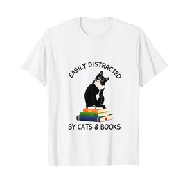 Easily Distracted By Cats And Books, Cat On A Pile Of Books T-Shirt for Men Women Kids