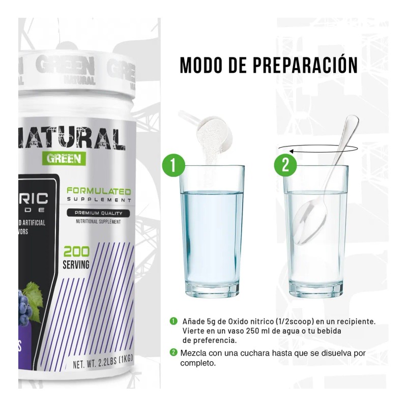 Óxido Nítrico Natural Green Pre Entreno 1kg 200 Servicios Uva