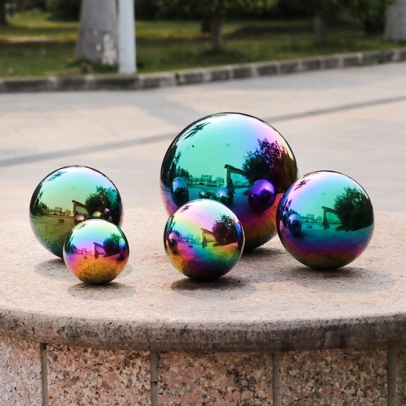 SUCREVING Rainbow Stainless Steel Gazing Ball,10inch Mirror Polished Hollow Ball
