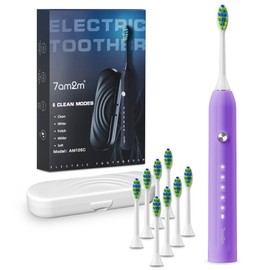 7AM2M Sonic Electric Toothbrush for Adults and Kids, with 8 Brush Heads and Travel Case,5 Modes with 2 Minutes Built in Smart Timer, One Charge Use for 90 Days, Rechargeable Toothbrushes (Purple)