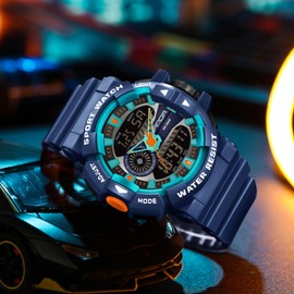 Digital Watch Men's Military Watch Outdoor Digital Watch Men's Sports Watches Boys Tactical Watch 5ATM Waterproof Analogue Digital Military Watches for Men Stopwatch Teenagers, blue, Strap.