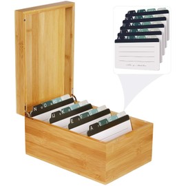 MaxGear Index Card Holder, 4 x 6Inch Wooden Business Card Organizer for Desk with 3 Dividers, Bamboo Index Cards Box with A-Z Tabs Holds 600 Cards for Recipe Flash Storage
