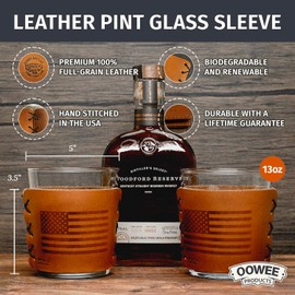 Oowee Genuine Leather Sleeve & Highball Glasses - Set of 2 | 13oz Tom Collins & High Ball Glasses Set| Great Gift for Men - Sleeve Made in the USA - American Flag