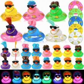 HyDren 24 Pcs Rubber Ducks Bath Toys with Wig Light Up Bath Toys Rubber Ducks Funny Ducks Bathtub Shower Toys Toys for for Boys Girls Birthday Gifts Holiday Pool Party Favors