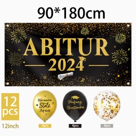 BETESSIN ABI 2024 Decorative Black/Gold - Graduation 2024 Banner 180 x 90 cm with 12 Balloons - Graduation Decoration for Graduation Parties and Graduation Exam Success