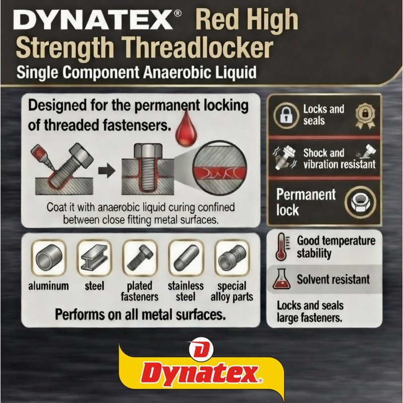 Dynatex 49451 Red High Strength Threadlocker, 6ml - Industrial Grade
