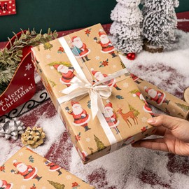 Retrify Kraft Christmas Wrapping Paper Roll - Laughing Santa Claus Carrying Green Trees Gift Wrap Paper for Holiday DIY Craft Decoration - 17 Inch x 32.8 Feet - Mini Roll