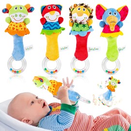 TB® Baby Soft Rattle Sensory Toys - 4 Pack Newborn First Plush Rattle Stuffed Animals Hand Grip Set with Molar Teether Rings Early Educational Toy for Infant Toddler Upto 12 Months