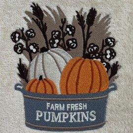 Serafina Home Autumn Fall Bath Hand Towels, Ivory Cream Off White, 100% Cotton, Embroidered Farm Fresh Pumpkin Design, Hemmed Border, 2 Piece Set