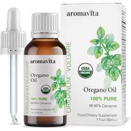AROMAVITA Essential Organic Oil of Oregano-100% Pure Undiluted Greek Oregano Oil with Carvacrol - Over 86%, Non-GMO, Extra Strength Oregano Oil Organic Liquid Drops, 1 FL.OZ/30ml