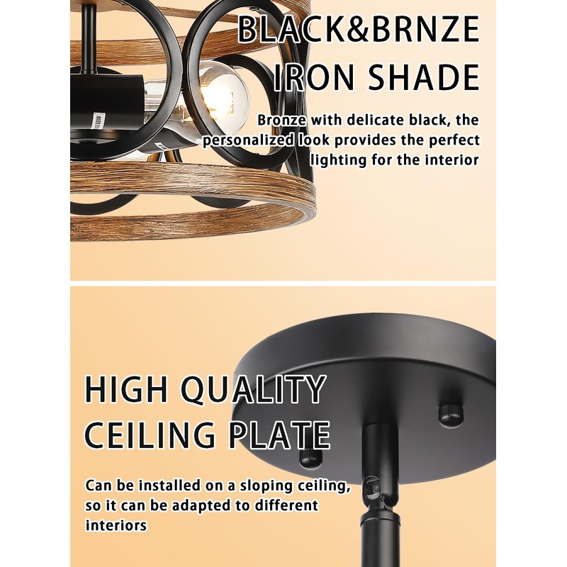 QianZhan Farmhouse Semi Flush Mount Ceiling Light Fixtures, 3-Light Black