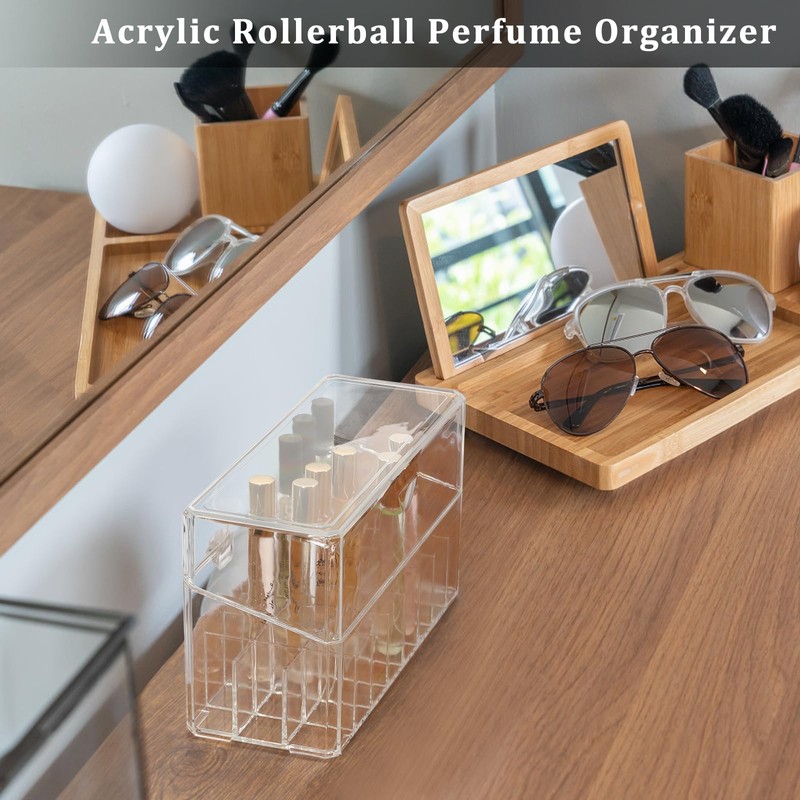 ELLDOO Rollerball Perfume Organizer, 24 Spaces Clear Acrylic Perfume Storage