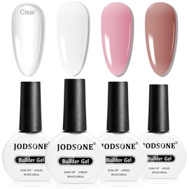 JODSONE Builder Gel for Nails,4Pcs 10ML Builder Gel Set, Nail Apex and Extension Strengthener Hard Need to Cured by Nail Lamp,Clear White Pink Brown