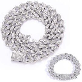 EMESLY Miami Cuban Link Curb Chain Gold/Silver Necklace (16, 18, 20, 22, 24, 30 Inches Length); Hip Hop Bracelet (8" Length) for Men & Women; Perfect Iced Out Bling Jewelry Gift, 24.0 Inches, Zinc, No