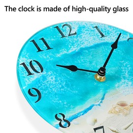 Coastal Nautical Glass Wall Clock with Seashell Design and Aesthetic Beach Theme - Battery Operated Silent Wall Decor for Home, Kitchen, Living Room, Office, Bedroom, or Bathroom (8 Inch,Light Blue)