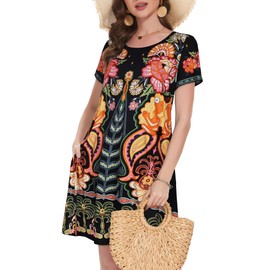 elescat Sun Dress Cotton Loose Fit Short Sleeve Sundress Women Fashion Swing Tunic Dress (Yellow Flower,3XL)