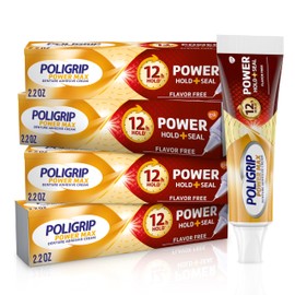Super Poligrip Super Poligrip Power Max Power Hold plus Seal Denture Adhesive Cream, Denture Cream for Secure Hold and Food Seal, Flavor Free - 2.2 oz (Pack of 4)