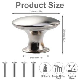 Onperpoe 4 Silver Cabinet Door Handles with Screws, Cupboard Door Knobs Polished Chrome Round Mushroom Light Pull Handles, 30mm Modern Hardware Door Knobs for Cupboards, Drawers and Wardrobes
