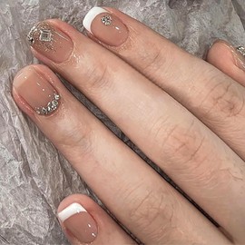 French Tip Press on Nails Square Glue on Nails White Fake Nails Extra Short False Nails with 3D Rhinestones Design Glitter Glossy Acrylic Full Cover Stick on Nails White Tip Artificial Nails for Women