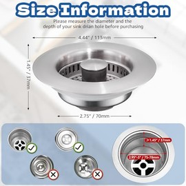 Tapón de colador de drenaje para fregadero de cocina 4 en 1, Pollock SUS304 de acero inoxidable con cesta de colador, tapón de fregadero de cocina antiobstrucción para drenaje estándar de EE. UU