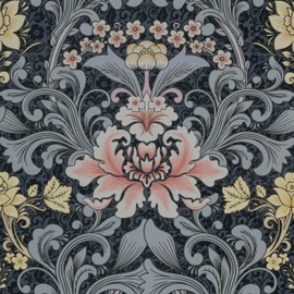 Abyssaly Blue Floral Peel and Stick Wallpaper, Moody Contact Paper, Removable Self-Adhesive Printed William Morris Vintage Flower Wall Murals for Bathroom Bedroom Home Decor 17.3in x 118in