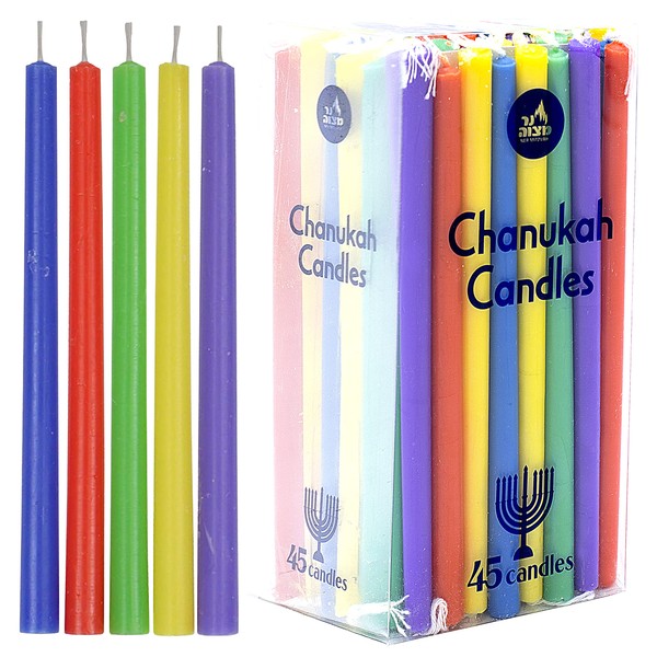 Colorful Long Chanukah Candles - Standard Size Diameter Fits Most Menorahs - Premium Quality Wax - Assorted Colors - 45 Count for All 8 Nights of Hanukkah