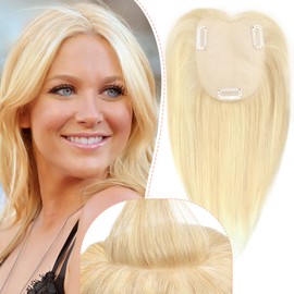 POWERASIA Hair Toppers for Women Real Human Hair Extensions with Thinning Hair No Bangs Wiglets Upgrade 3.9x4.7Inch Silk Base Clip ins Hair Pieces 150% Density Remy Hair Wig Topper #18P613