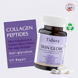 Tidora GlassSkin Duo – Collagen Peptides Supplement with Olive Polyphenols, Acerola Cherry, Hyaluronic Acid & L-Carnosine – 120 Caps