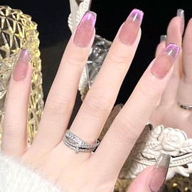 TUOKAY Glitter Cat Eye Press on Nails Medium Length Glue on Nails for Women and female (Glitter Cat Eye 13)