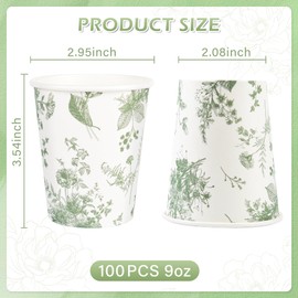 Elyxio 100Pcs Floral Paper Cups White Sage Green Flowers Party Cups 9oz Disposable Toile Chinoiserie Drinking Cups for Hot Cold Beverage Birthday Baby Shower Party Supplies (100, Sage Green)