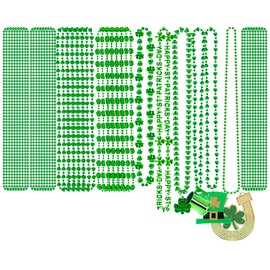 24PCS St Patricks Day Beads Necklace, 9 kinds of St Patricks Beads Accessories, Metallic Irish Shamrock Beer Mug Coins Pendants Beads Necklace, Parade Party Supplies Favors Adult St Patricks Bulk