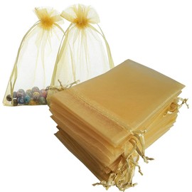 Jwsqmc 5x7 Inch Organza Gift Bags with Drawstring for Jewelry,Candy,Set of 100 Gold Glitter Sachet,Sheer Fabric Mesh Satin Pouches for Baby Shower,1st Birthday,Party Favors,Wedding,Bridal Shower,Hotel