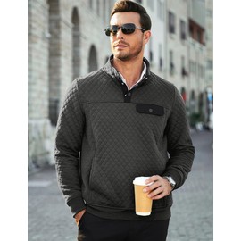JMIERR Mens Quilted Sweatshirt Casual Long Sleeve Outdoor Stand Collar Quarter Button Fall Pullover Mock Neck Sweatshirts with Pocket, US 43(L), Grey