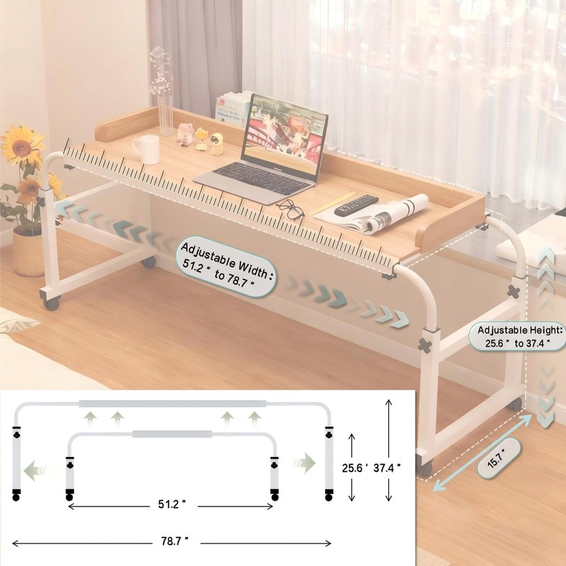 Overbed Table with Wheels and Desktop Enclosure, Height and Length