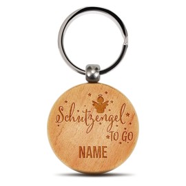 PR Print Royal Schlüsselanhänger mit Gravur - Schutzengel to go - mit Name personalisiert, Geschenk Führerschein Glücksbringer, Lasergravur, Runder Anhänger aus Echtholz, 45 x 45 mm