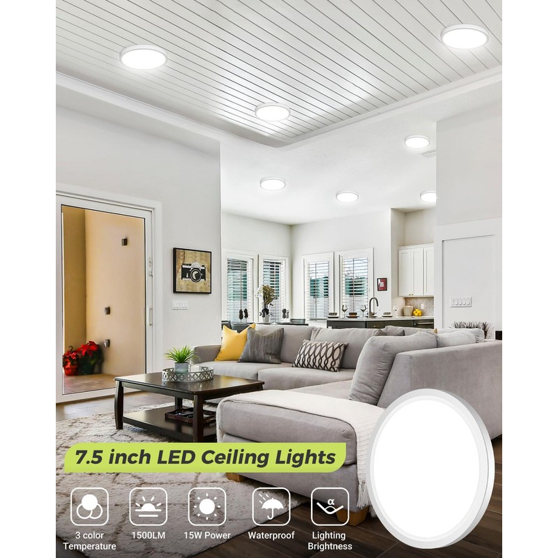 6PACK LED Flush Mount Ceiling Light, 3000K-4000K-6500K & 100W Equivalent