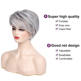 Beweig Short Grey Wigs for White Women Short Cut Layer Sliver Gray Wigs with Bangs Synthetic Hair Replacement Wigs