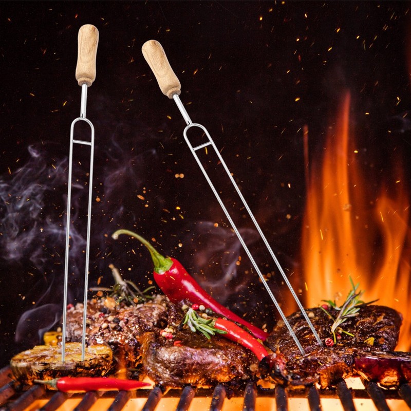 Stainless Steel Fork Wood Handle U shaped BBQ Roast Needle